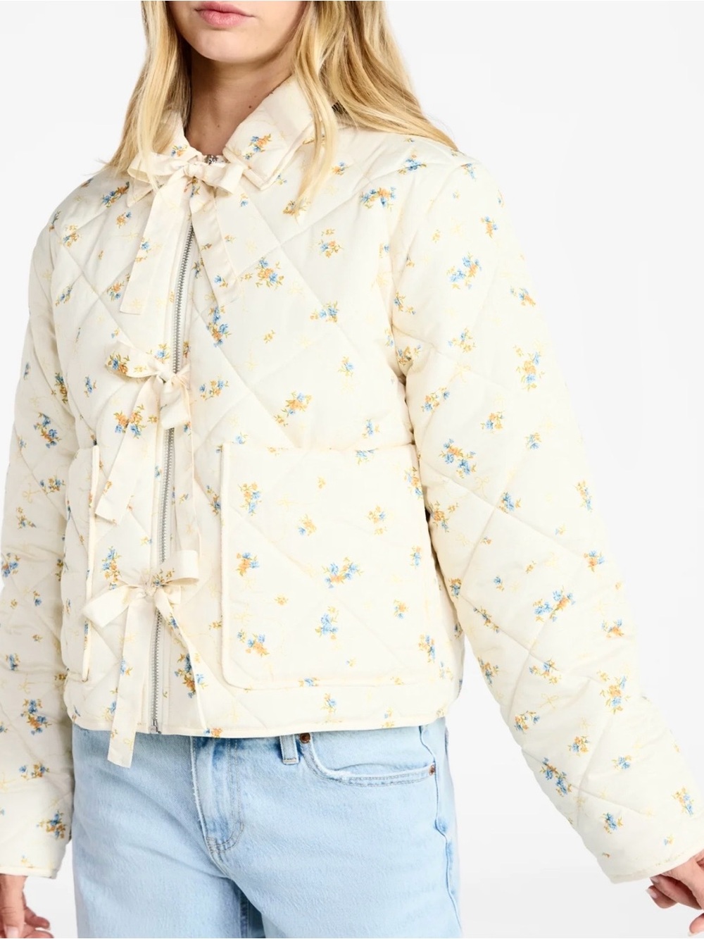 No Boundaries Quilted Bow Puffer Jacket Cream Ditsy Floral Print Size XL